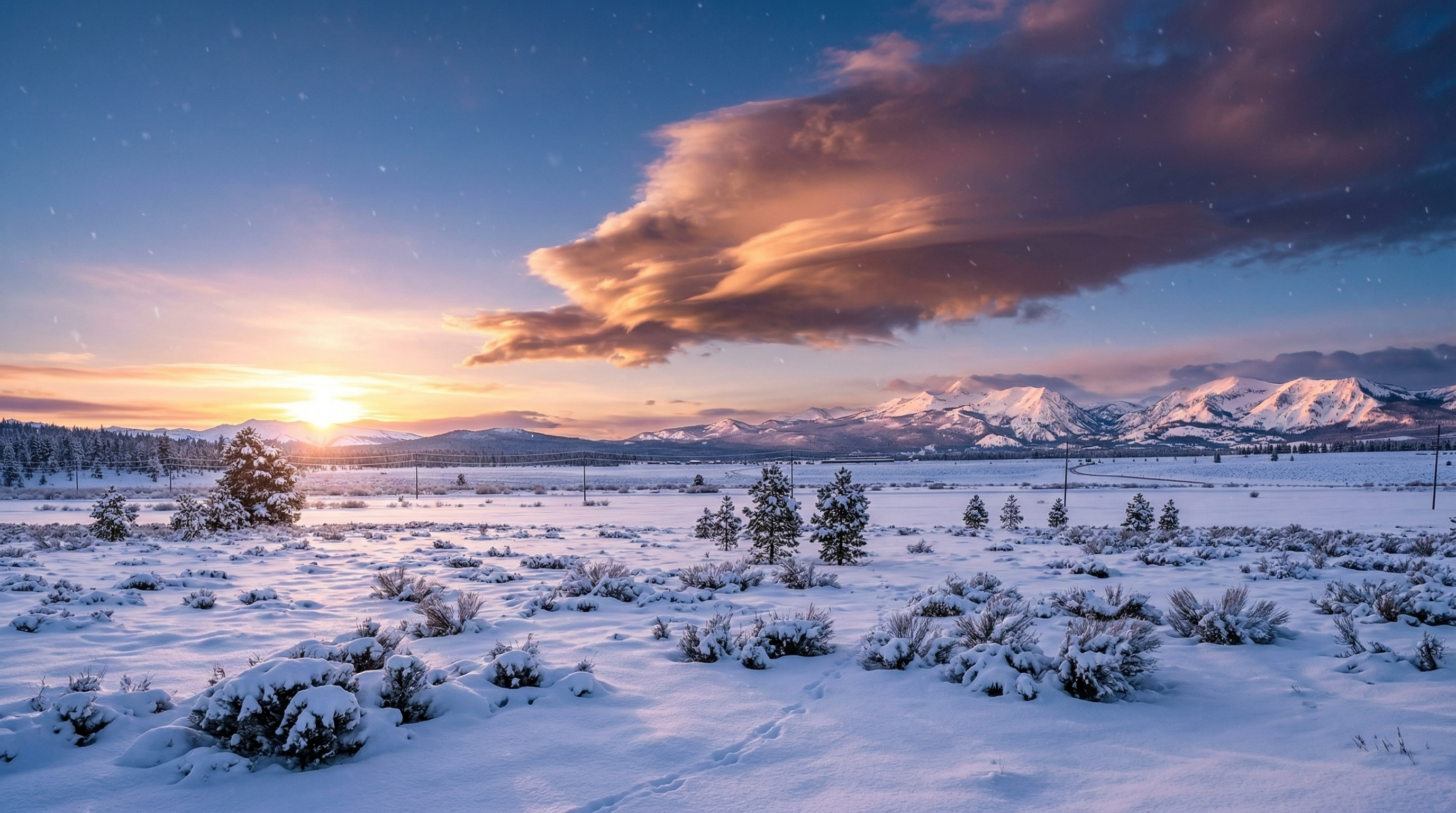 This landscape capture features expansive, snow-covered plains leading toward a majestic mountain range during a serene sunrise. The scene highlights natural beauty and open space, emphasizing the peaceful, picturesque environment typical of high-end backcountry or mountainous real estate locations.