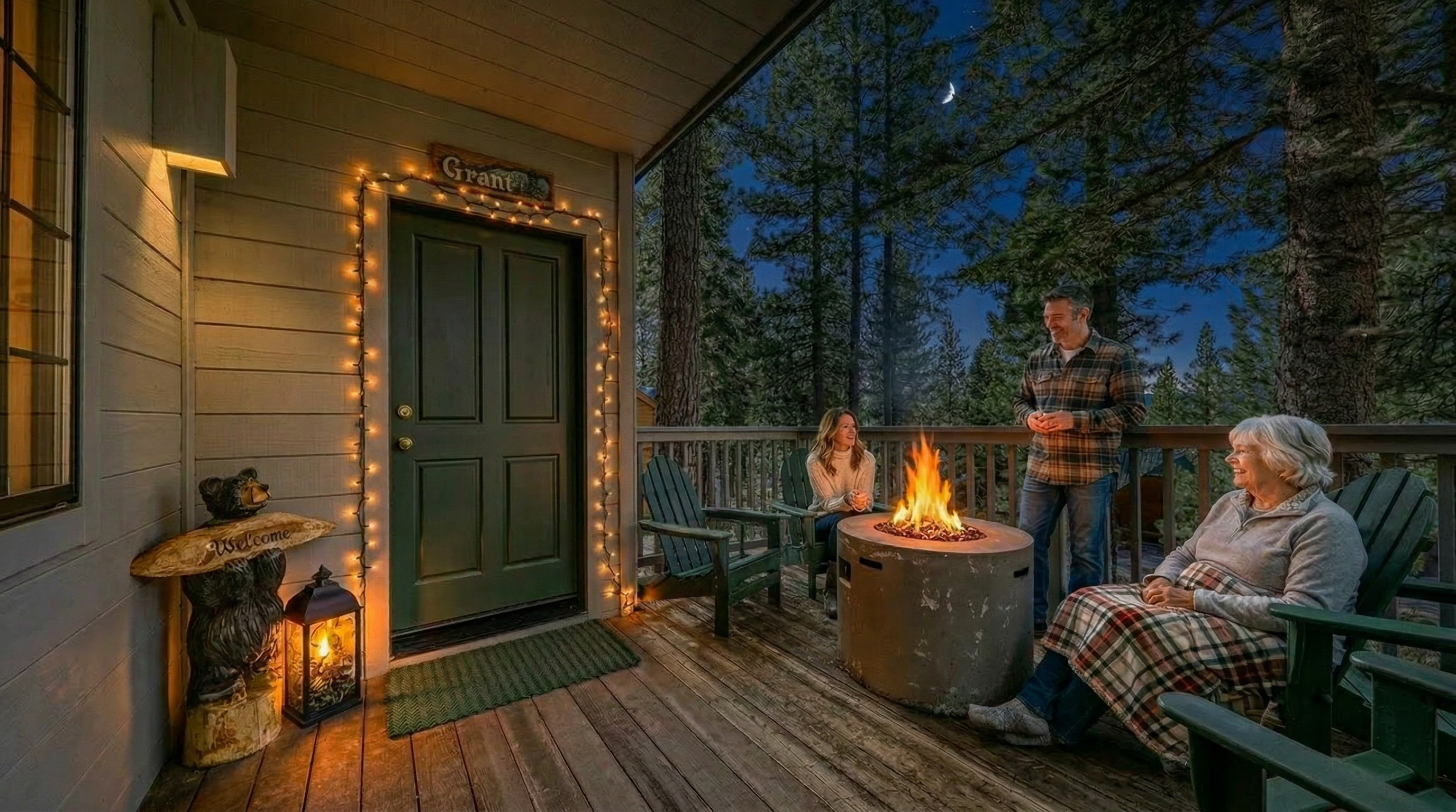 This cozy outdoor deck features an inviting fire pit, providing a perfect setting for evening relaxation. The space is decorated with charming string lights and a carved bear statue by the door, creating a rustic, welcoming ambiance. Set against a backdrop of mature pine trees, the deck offers a scenic and intimate atmosphere ideal for a mountain-style retreat.