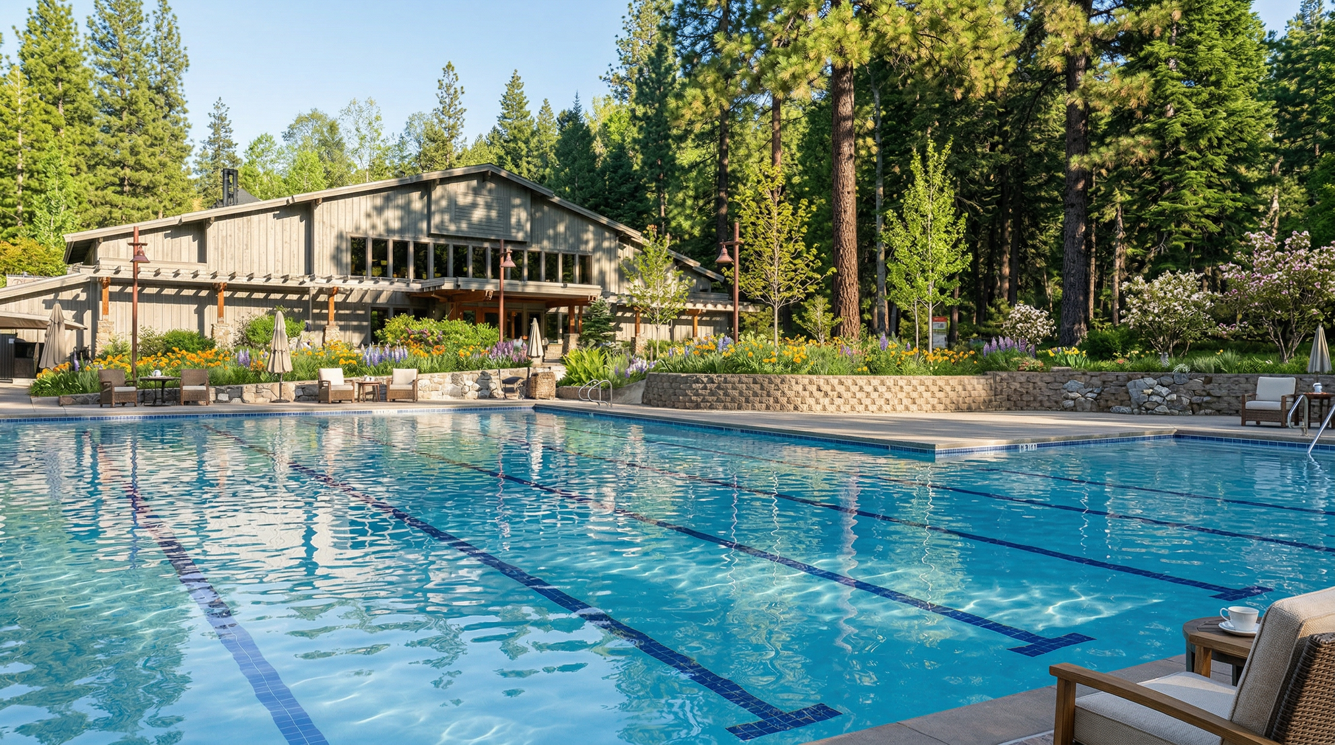 This serene property features a large, rectangular swimming pool as the centerpiece, complete with visible swim lanes and crystal-clear water. Beyond the pool, a stately building with wood-paneled siding overlooks landscaped gardens filled with vibrant flowers and tall, mature coniferous trees. The combination of the well-maintained pool area and the rustic, lodge-like architecture creates an inviting and high-end resort atmosphere.