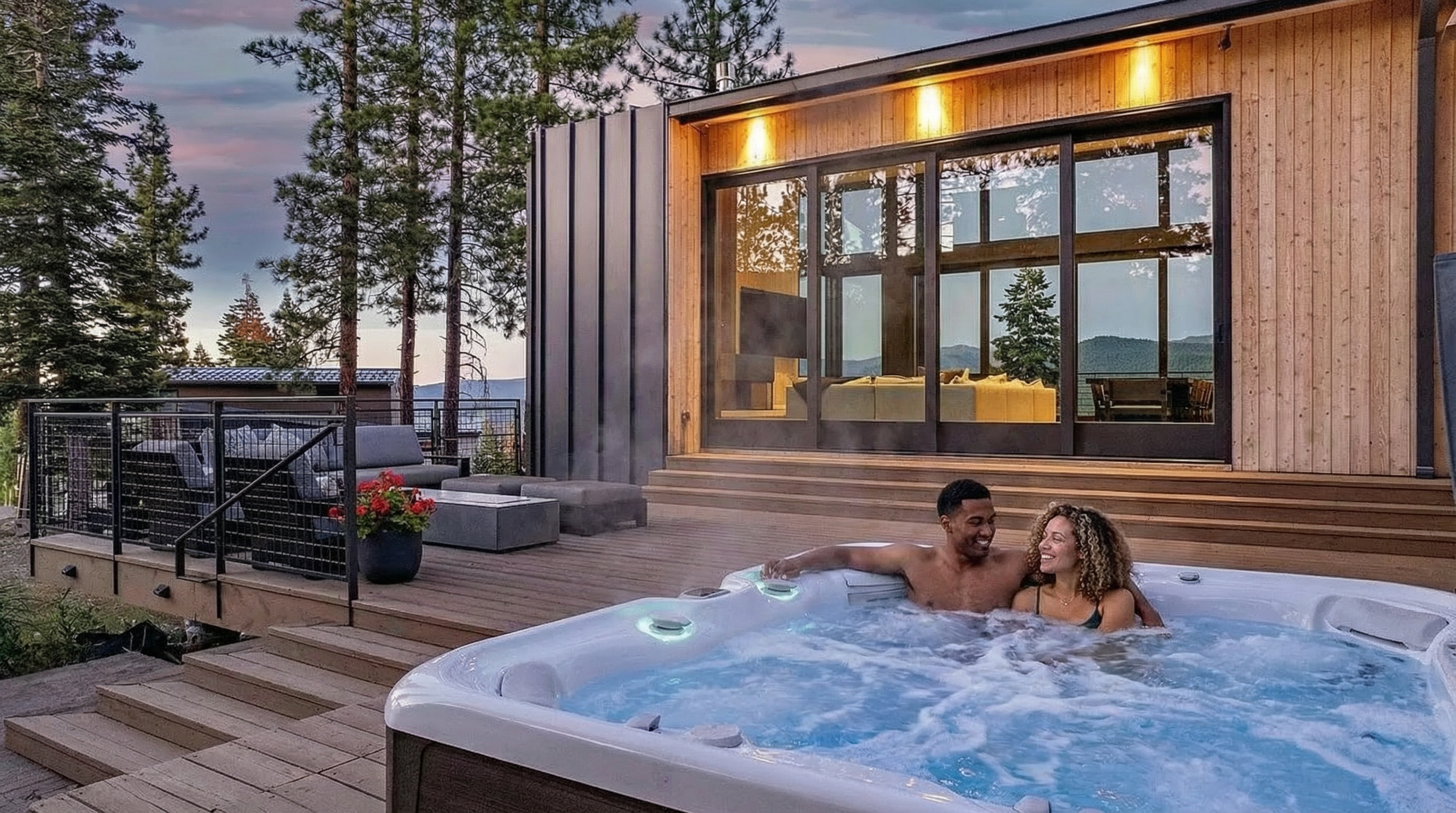 This image showcases a modern home's outdoor living space, featuring a spacious deck with a hot tub. The hot tub has two individuals relaxing in it, and lounge furniture and a planter add to the deck's inviting atmosphere. The architecture combines sleek lines with natural materials like wood paneling, framed by the backdrop of trees and a serene evening sky.