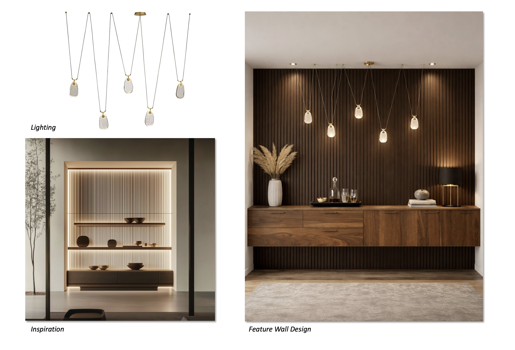 The image showcases a modern living room design, featuring a dark wood feature wall and a floating wooden console table. Pendant lighting adds a touch of elegance, while decorative elements like a vase with pampas grass and a table lamp enhance the room's ambiance. The overall impression is sophisticated and stylish.