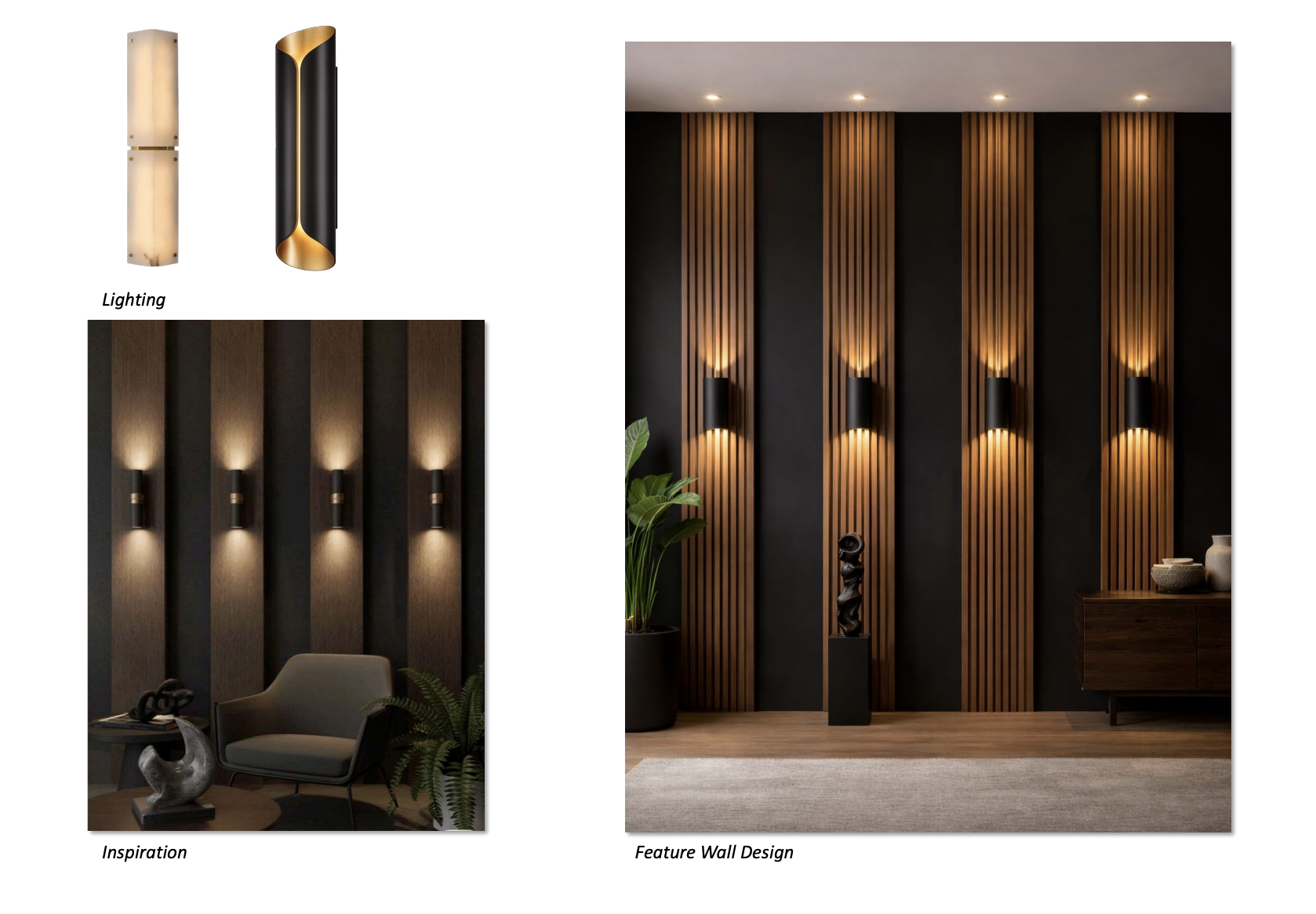 The image showcases a modern living room design featuring a feature wall with vertical wood slats and integrated lighting. The room is decorated with contemporary furniture and accessories, creating a stylish and inviting atmosphere. The lighting fixtures are a key design element, adding warmth and visual interest to the space.