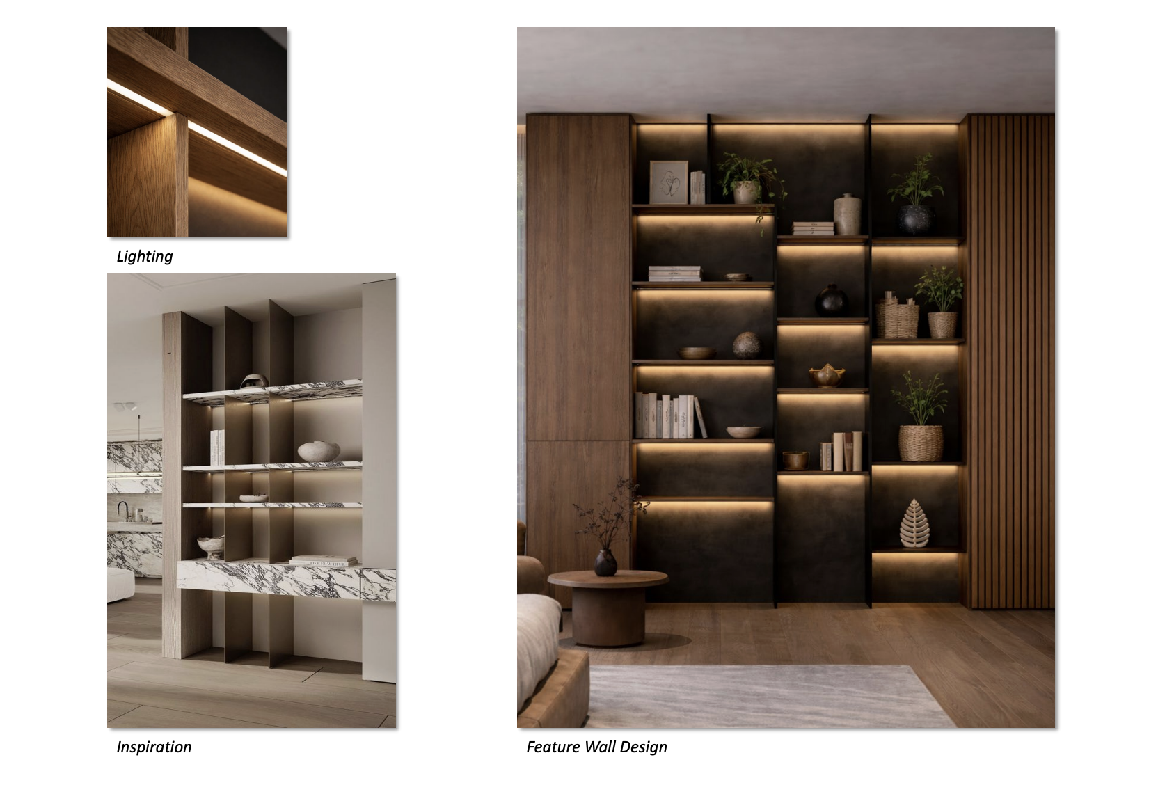 The image showcases a modern living room with a feature wall design incorporating illuminated shelving. The shelves display decorative items and plants, creating a warm and inviting atmosphere. The room features a blend of wood and dark tones, complemented by strategic lighting to highlight the architectural details.