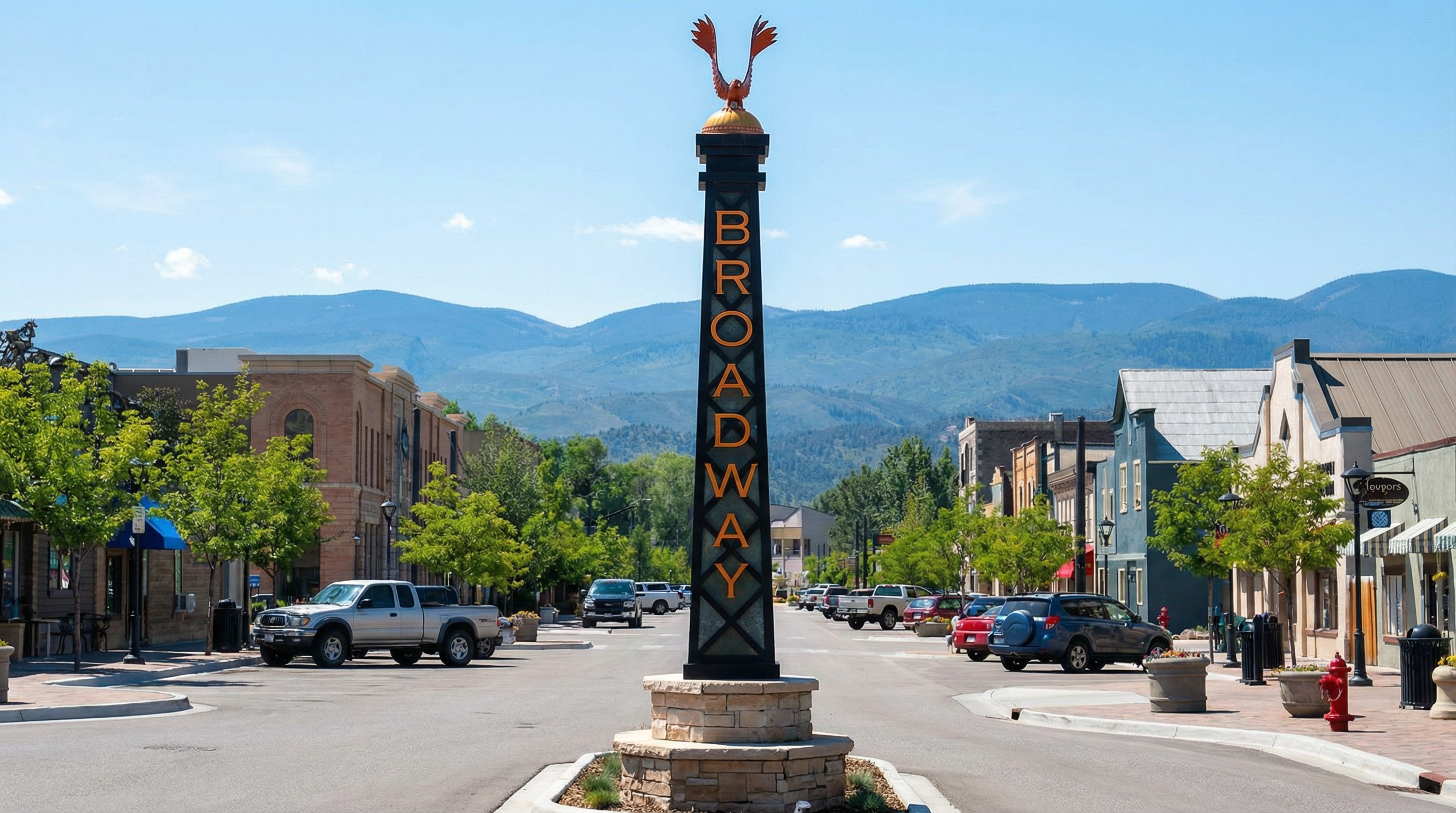 This image showcases the streetscape of Broadway, a charming town center. The composition is anchored by a decorative monument at the center of a street lined with buildings, trees, and parked cars. The presence of the monument suggests that Broadway could be perceived positively by potential homeowners.