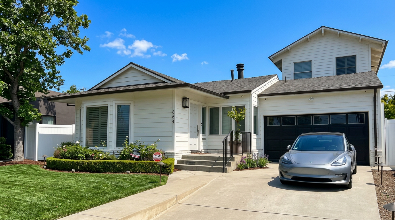 This charming, well-maintained single-family home features a clean white siding exterior and a multi-level roofline. The property boasts an inviting front entryway, well-manicured landscaping with a neat hedge, and an attached garage with a modern Tesla parked in the driveway. The overall aesthetic is bright and welcoming, highlighting excellent curb appeal.