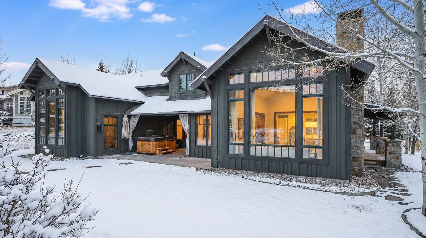This is a rear view of a luxury home covered in snow. The house features large windows, a stone chimney, and an outdoor hot tub on a covered patio. Bare aspen trees frame the building against a clear blue sky.