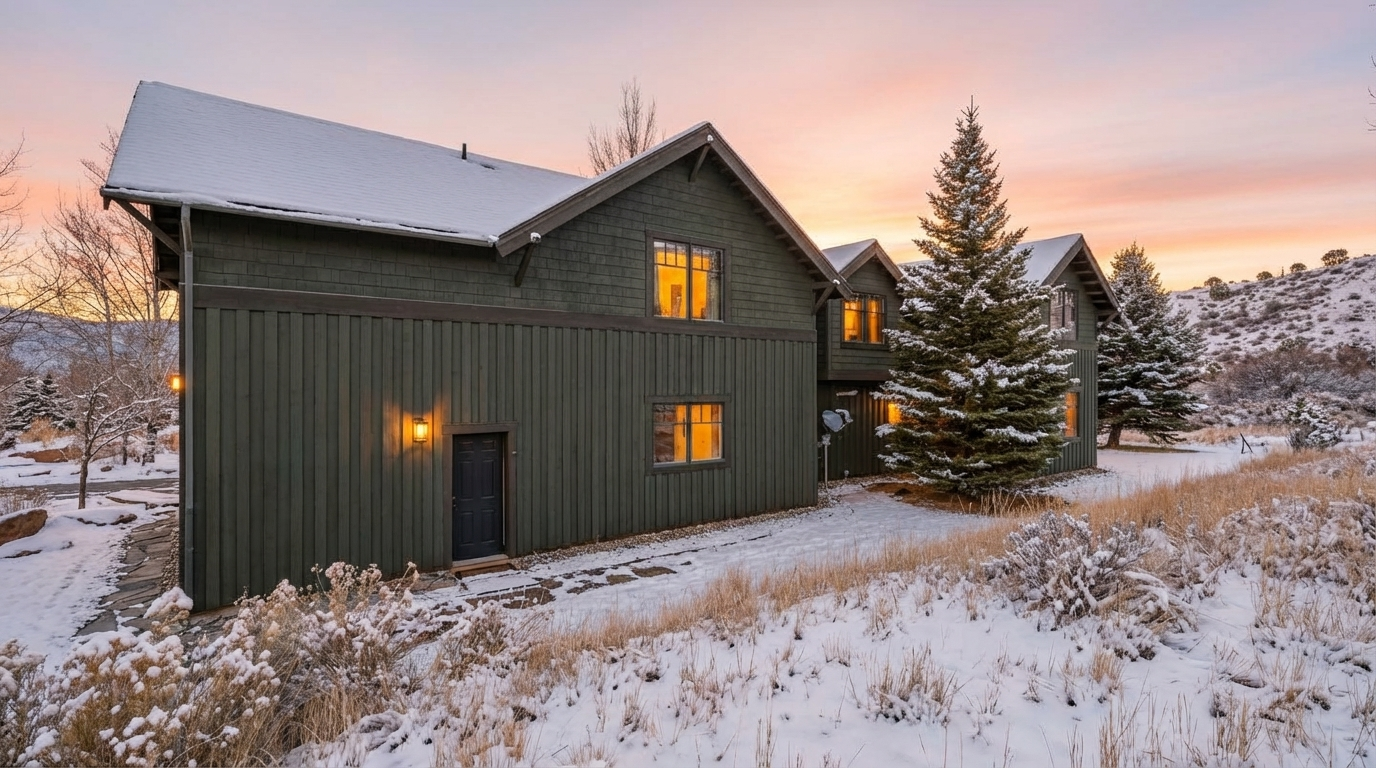 This is a front view of a two-story house with a modern rustic design. The exterior features dark green siding and a snow-covered roof. There are illuminated outdoor lights and mature evergreen trees in the front yard, adding to the property's appeal. The ground is covered in snow, indicating a winter setting.