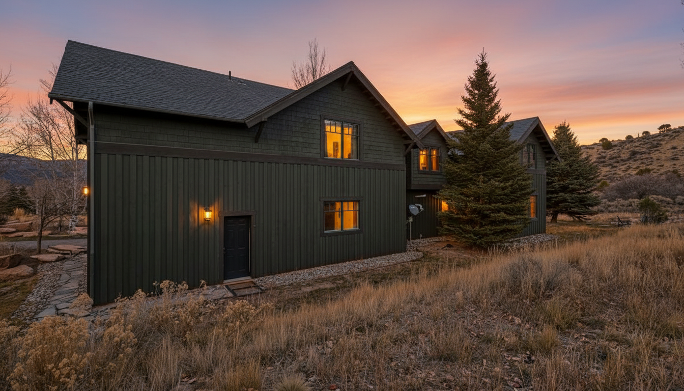 This is a front exterior view of a two-story house at dusk. The house is painted in a dark green color and features multiple gabled roofs. Warm light shines from the windows adding to the cozy ambience, and the yard is covered in dry grass indicating an arid climate.
