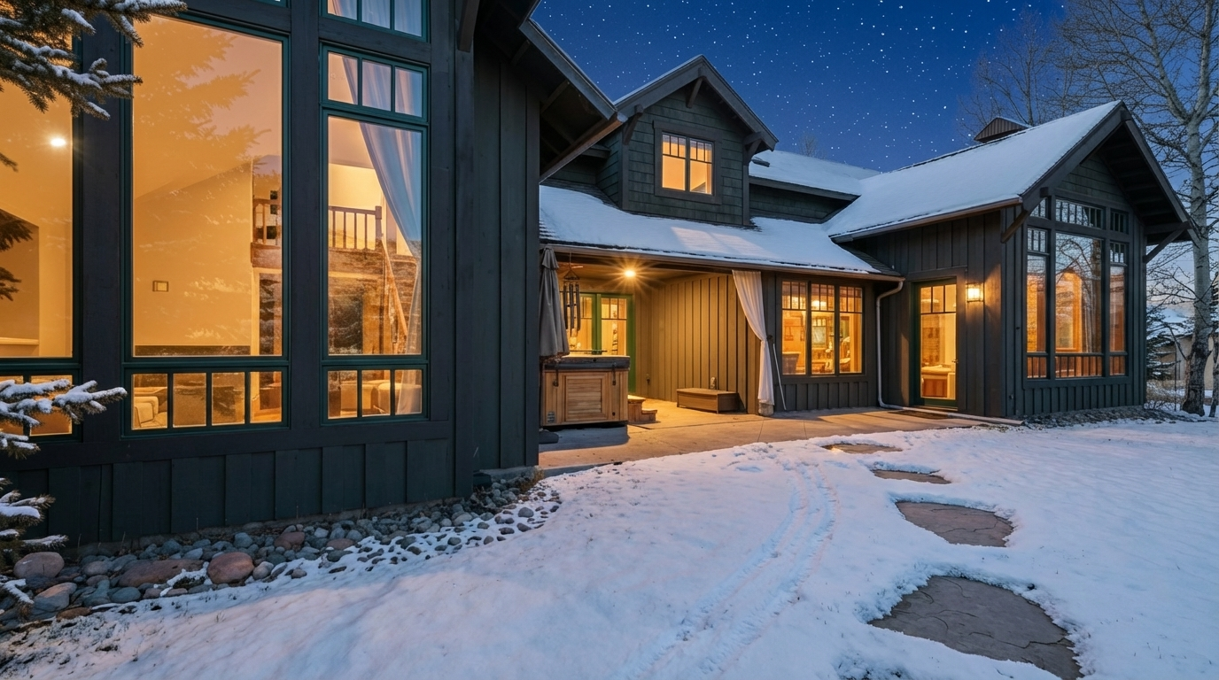 The rear exterior of a house is captured at dusk or night, with snow covering the ground highlighting the stone pathway. Warm light shines through large windows, indicating interior rooms. The dark green exterior color and architectural details contribute to the home's rustic and elegant appeal, blending with the surrounding trees.