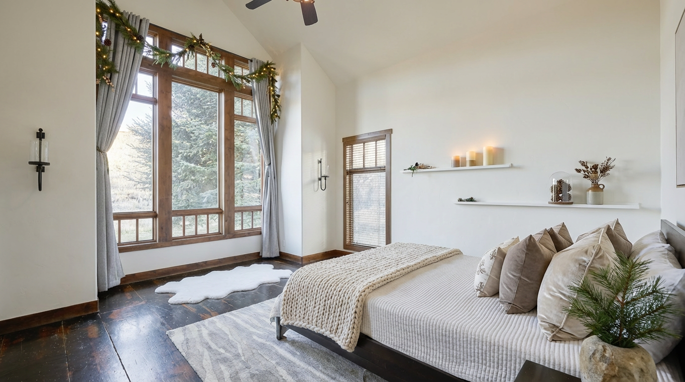 This primary bedroom features a large window with a decorative garland, hardwood floors, and a neutral color palette. The bed is adorned with soft pillows and a textured throw, creating a cozy and inviting atmosphere. Two shelves on the wall hold candles and decorative vases.