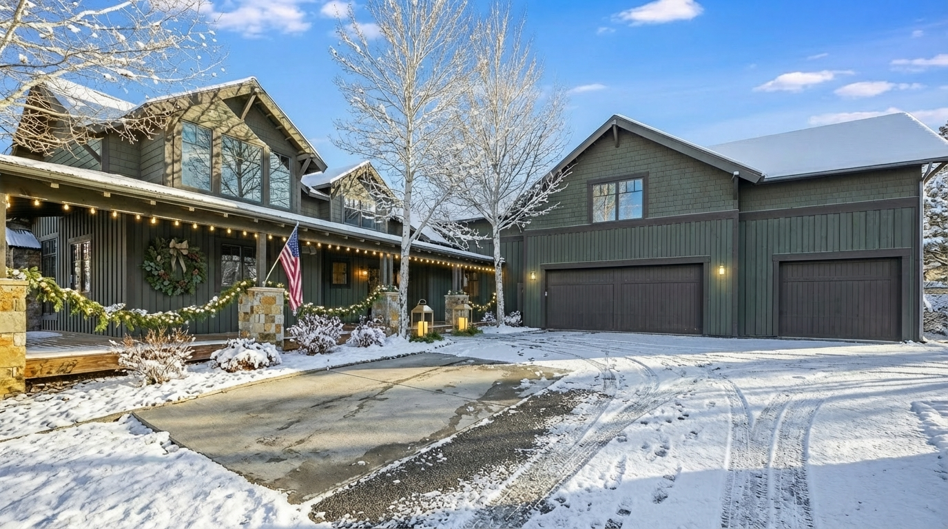 This is a front view of a beautiful home with a well-maintained exterior and a snowy landscape. The house features a charming front porch decorated with a wreath and garland, an American flag, and notable outdoor lighting. A driveway with tire tracks suggests accessibility even in winter conditions, highlighting practicality.
