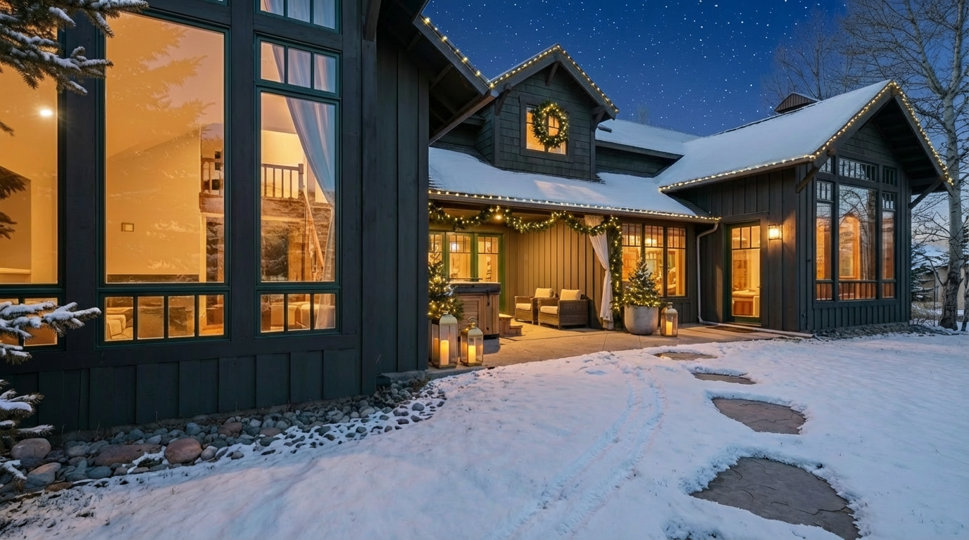 This is a charming front view of a house during winter. The house is adorned with holiday lights along its roofline and a wreath above the front window, adding a festive touch. A snowy landscape and stepping stones towards the entrance create an inviting scene.