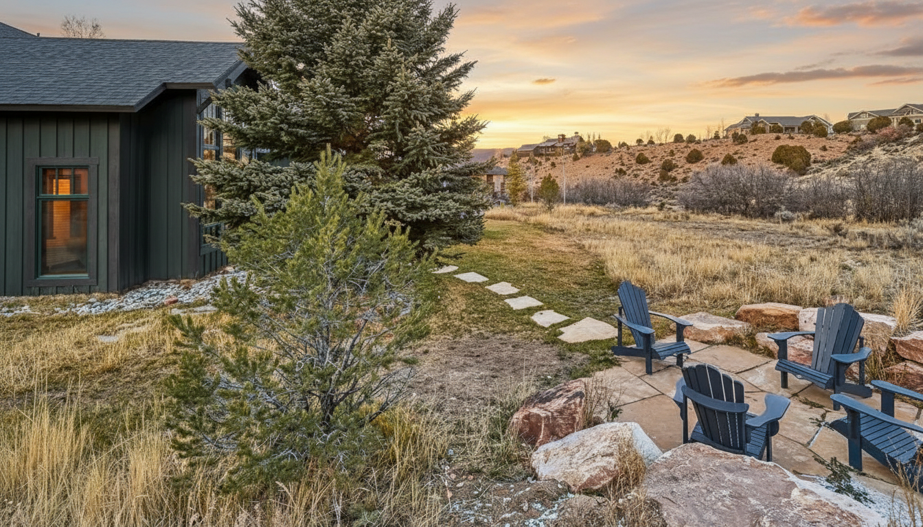 This exterior shot showcases a well-maintained yard or garden area, possibly belonging to a residential property. The yard features mature trees and a stone pathway leading to a patio area with outdoor seating. The landscape blends seamlessly with the natural surroundings, creating a serene and inviting outdoor space.