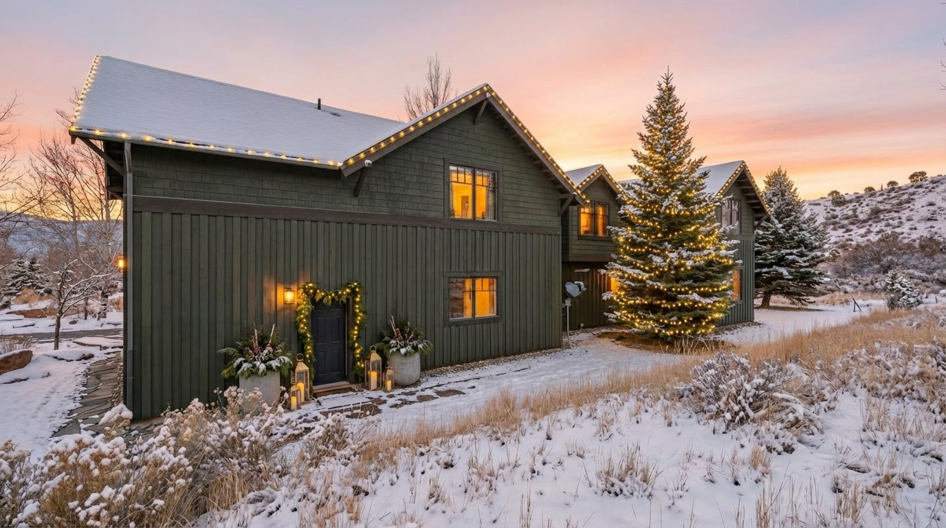 The image showcases the front exterior of a charming home, likely a ski chalet or mountain residence, during winter. The dark green siding creates a rustic yet elegant look, accented by soft, warm-toned string lights along the roofline and a decorated Christmas tree in the front yard. A light dusting of snow covers the landscape and roof, enhancing the cozy ambiance.