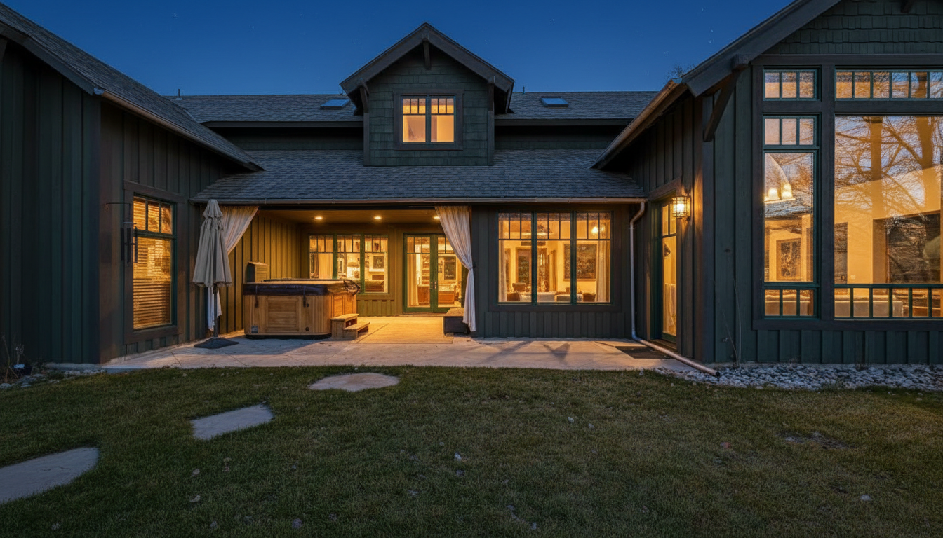 This is a rear exterior view of a well-maintained home. The backyard patio includes a hot tub and connects seamlessly to the house through multiple windows and doors. The house has a dark green exterior, which complements the landscaping and gives the property a sophisticated and inviting look.