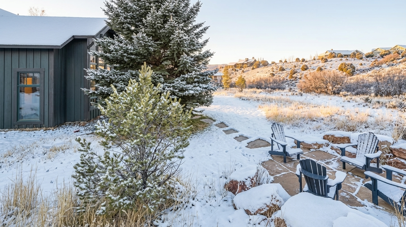 This serene backyard setting features a cozy patio area with Adirondack chairs arranged around a central space, perfect for outdoor relaxation. The landscape is covered in a blanket of snow, adding to the tranquility of the scene, while mature trees and distant houses provide a scenic backdrop. The adjacent house features a dark exterior adding contrast.
