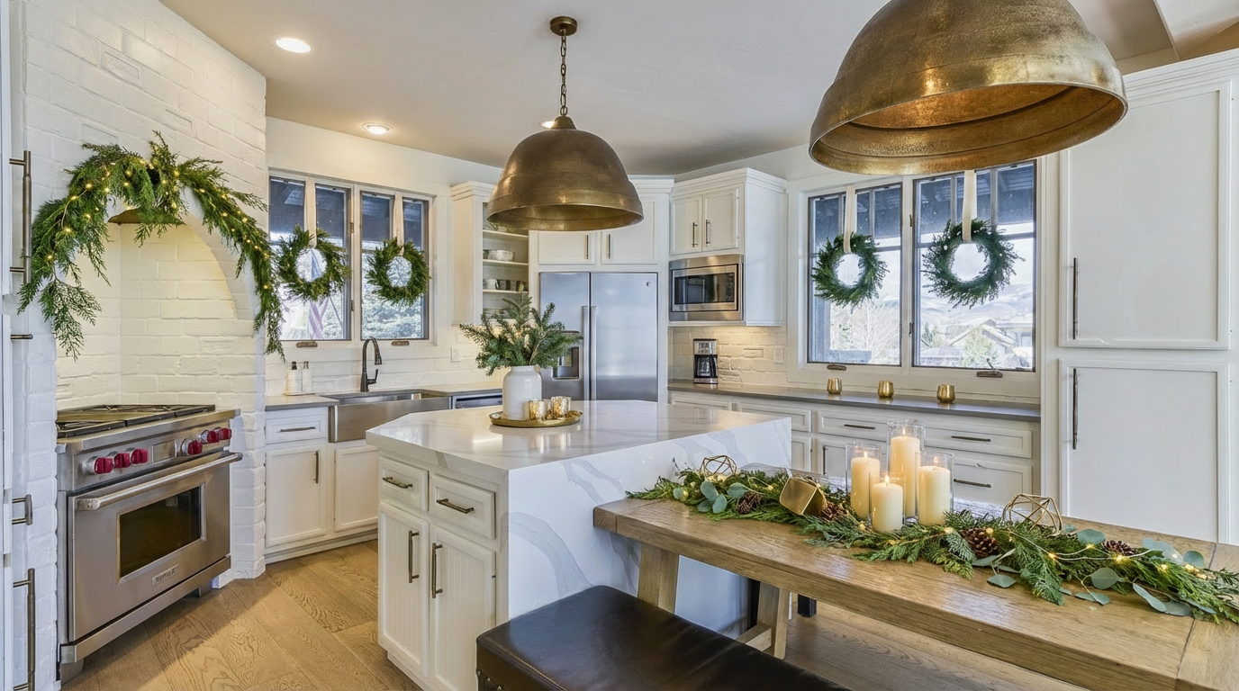 This is a well-lit kitchen featuring white cabinetry, stainless steel appliances, and a spacious central island with a marble countertop. The kitchen is decorated with festive greenery, adding a warm and inviting touch. The design combines functionality with style, presenting a clean and elegant aesthetic suitable for modern living.