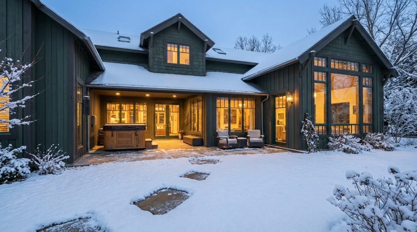 This is a rear exterior view of a beautiful home in winter. The house features dark green siding, large windows, and a covered patio area with a hot tub and seating. The snowy landscape enhances the cozy, inviting atmosphere of the property.