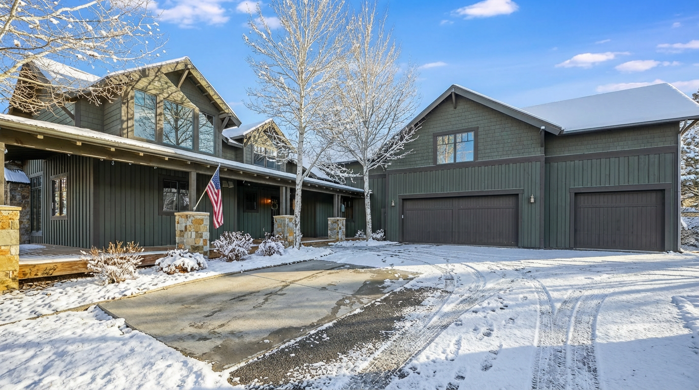 The image showcases the front exterior of a two-story home in winter. The building features olive green siding, stone accents, and multiple gabled rooflines, some of which are topped with snow. A driveway partially covered in snow leads up to a two-car garage, and snow-covered trees and shrubs add to the winter ambiance.