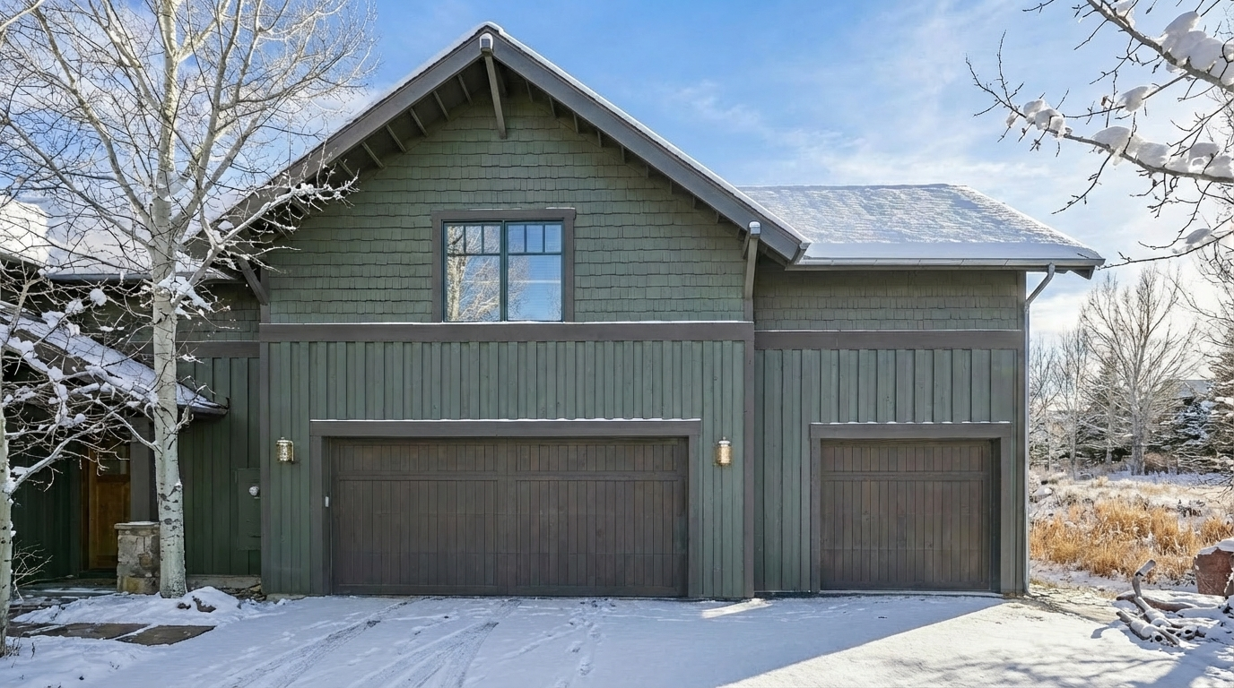 This is a shot of the front of a two story home with a gable roof. The home has a two-car garage with a single-car door and a double-car door. The home is green with brown garage doors and the surrounding ground is covered in snow.