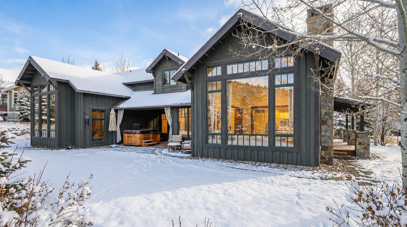 This is the rear view of a luxury home showcasing a modern rustic design. A hot tub on the patio, large windows offering bright natural light, and snow-covered landscaping create an inviting outdoor space. The stone and wood exterior materials add to the home's upscale appeal.