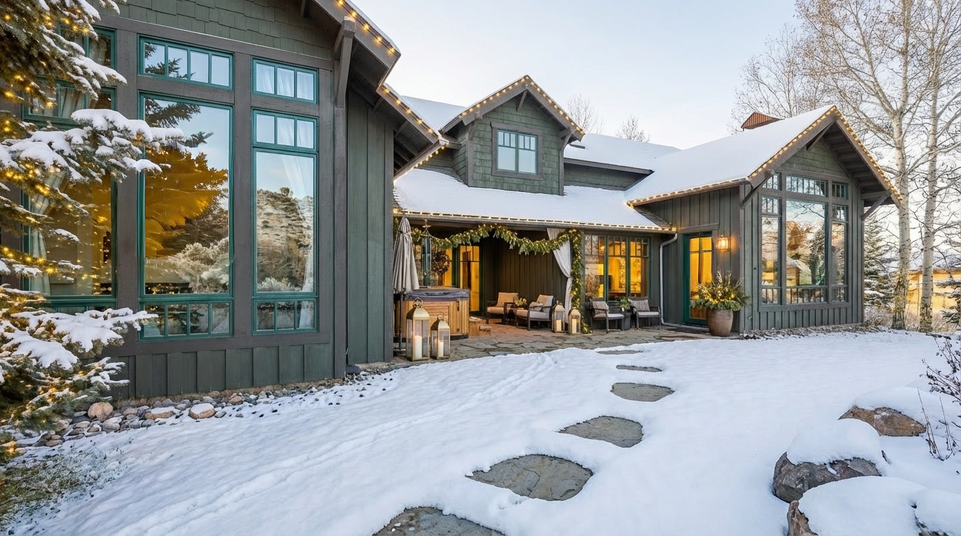 This image showcases the rear exterior of a luxurious home in winter. Snow covers the yard and roof, while warm lighting accents the architecture. A patio space with outdoor seating, a spa, and festive lighting enhance the inviting ambiance, perfect for highlighting outdoor living.