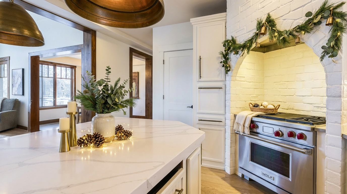 This interior shot showcases a beautifully decorated kitchen. The white cabinetry complements the marble countertops, creating a bright and elegant space. A stainless steel oven stands out against the white brick wall, adding a modern touch to the design.