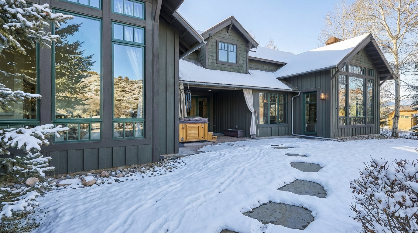 This is a rear exterior view of a well-maintained house. Features include a hot tub, stepping stones through snow, and large windows reflecting the surrounding landscape. The classic mountain style of the house makes it a great choice for a family.