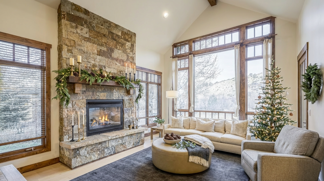 This is a cozy living room featuring a stone fireplace adorned with holiday decorations. Large windows provide ample natural light and scenic views of the outdoor landscape. The space is furnished with a comfortable sofa, armchair, and an ottoman, creating a warm and inviting atmosphere perfect for relaxation and entertaining.