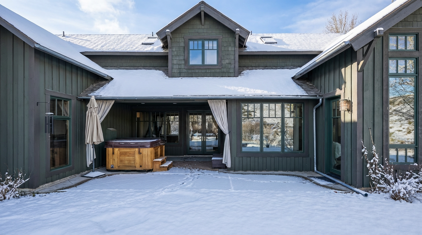 This image shows the back of a house with a focus on the patio area, which includes a hot tub. The building is painted in a dark green color, with large windows along the deck and snow on the roof. The backyard is covered in snow, creating a tranquil winter scene.