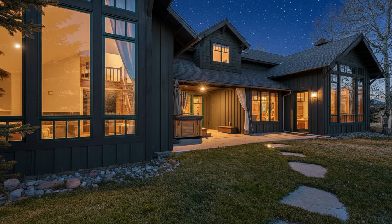 This image showcases the rear exterior of a luxury home, beautifully landscaped with a lush lawn and stone pathways at dusk. The dark siding contrasts elegantly with the warm interior lights glowing through large windows, and a hot tub is visible on the patio. Overall, the property exudes a sense of refined living and inviting outdoor space.