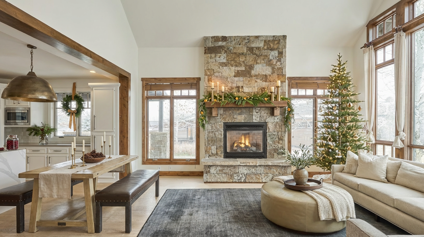 This is an inviting living room showcasing a stone fireplace as its focal point, flanked by windows that provide ample natural light. The room features a comfortable sofa, a round ottoman, and a Christmas tree, creating a warm and festive atmosphere. The adjacent dining area with a rustic wooden table and benches enhances the open-concept design.
