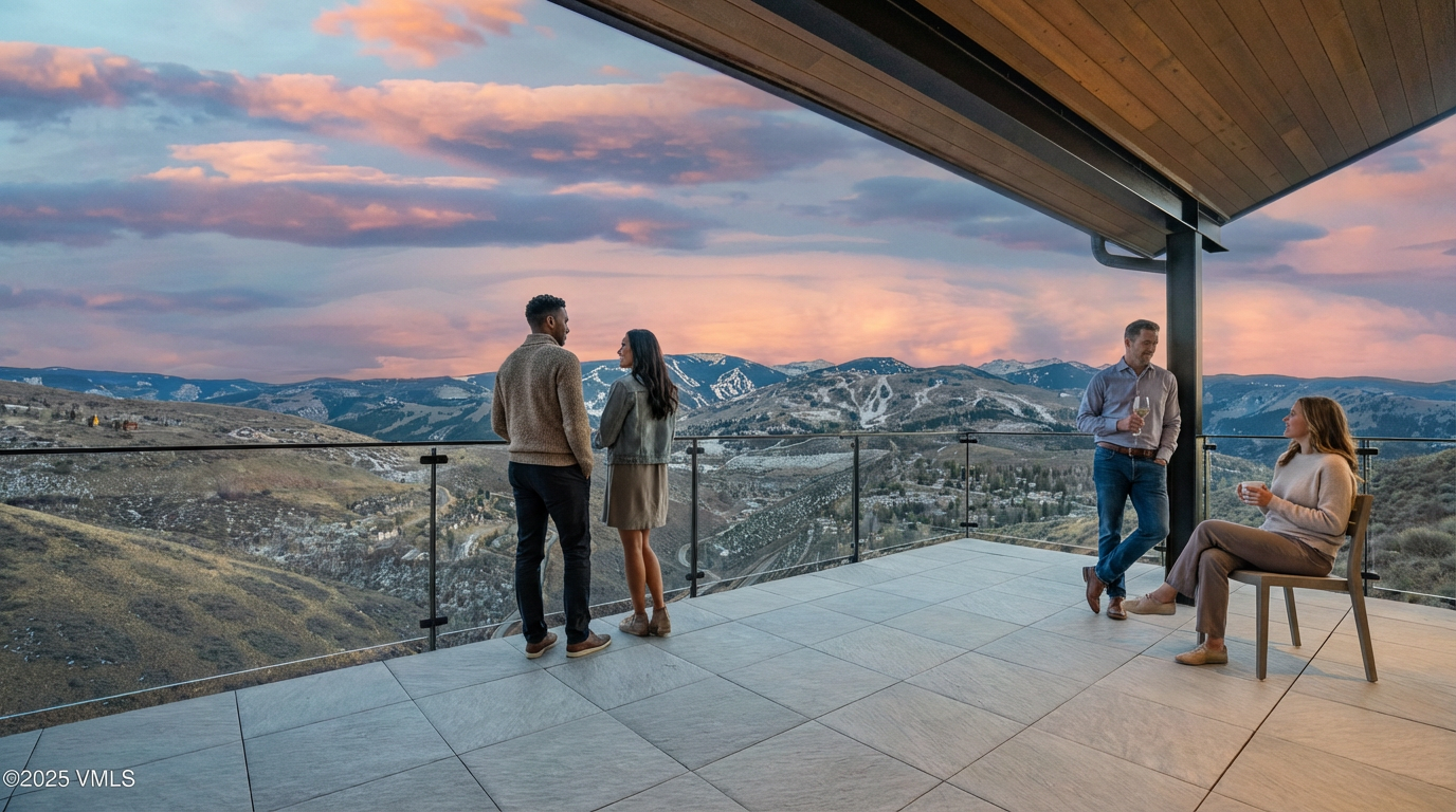 This image showcases a luxurious patio or balcony with a breathtaking mountain view. The space features modern tiling and glass railings, offering unobstructed vistas. Several people are enjoying the outdoor space, suggesting it's perfect for entertaining or relaxing.
