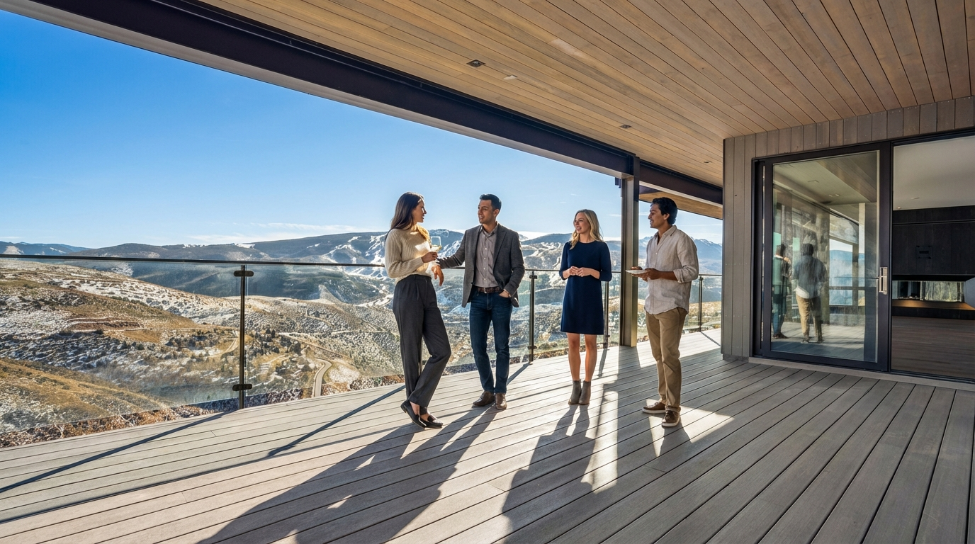 This image showcases a spacious, modern balcony or deck with a stunning mountain view. The area is designed for entertaining, with people socializing on the deck. The deck features secure glass railings for safety and unobstructed views, with a seamless transition to the interior of the home through large sliding glass doors.