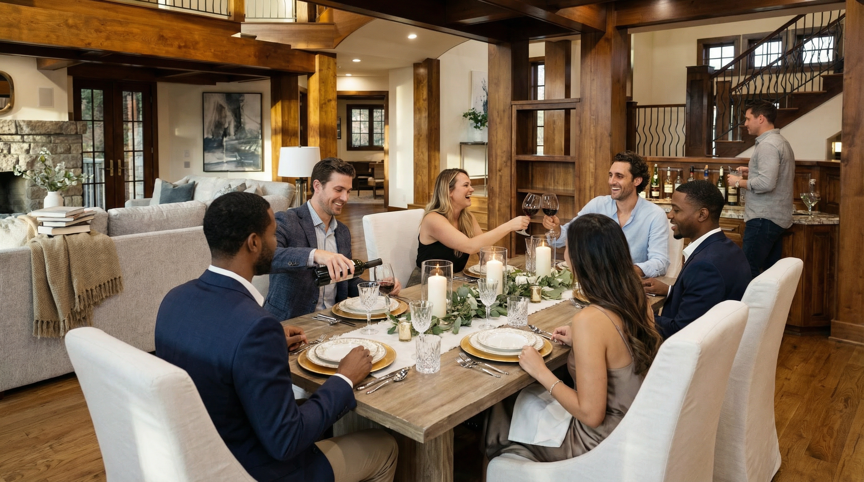 This is an interior shot of a dining room in a well-appointed home. A group of people are gathered around a long wooden table set for a meal, with white upholstered chairs providing comfortable seating. The room is illuminated by natural light and candles, enhancing the warm and inviting atmosphere, with wooden detailing on the walls adding to the luxurious feel.