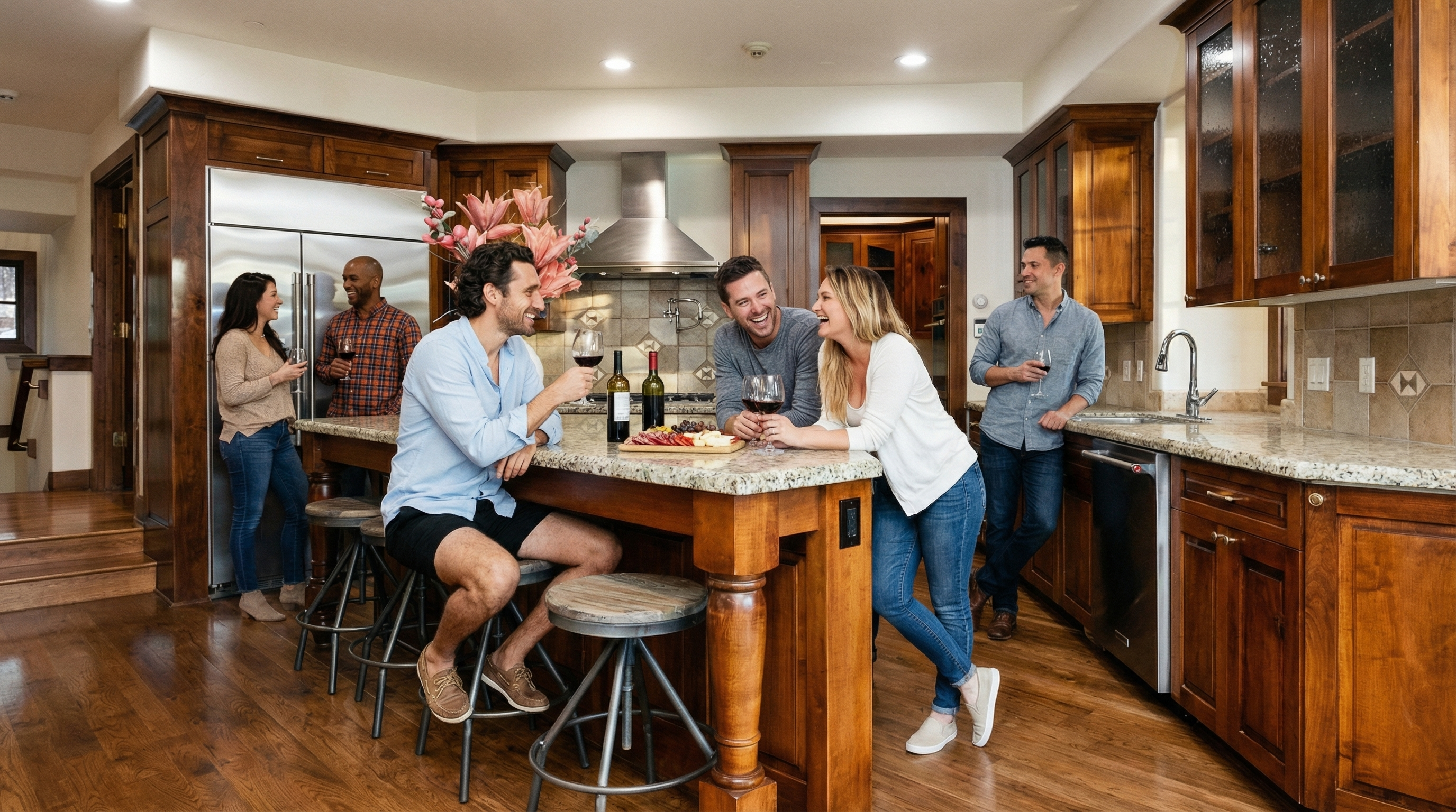 This inviting kitchen features rich, dark wood cabinetry and granite countertops. A large center island provides ample counter space and seating for guests. The kitchen is well-lit and appears to be a central gathering space within the home, conducive to entertaining.