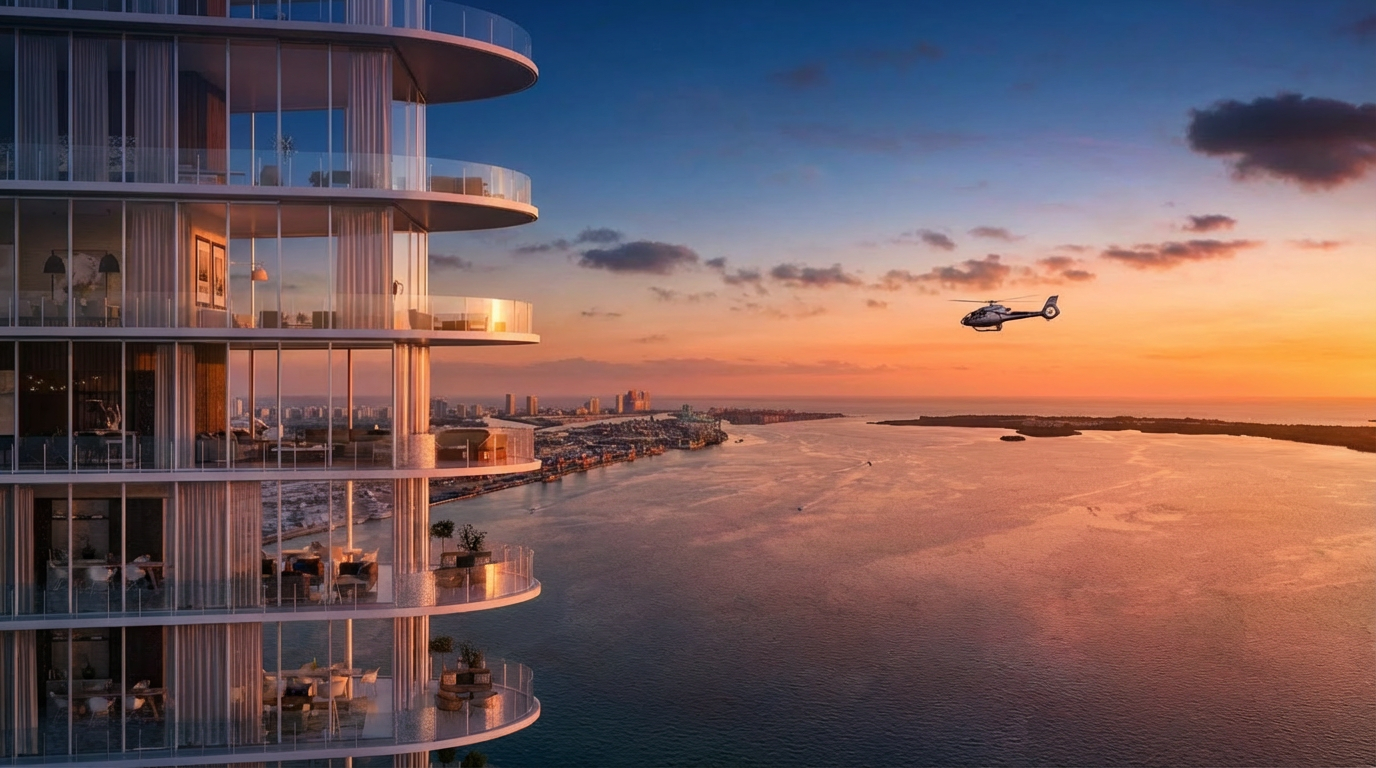 This is a stunning aerial view of a modern residential high-rise building with curved balconies, showcasing luxury waterfront living. The building is set against a vibrant sunset backdrop with a helicopter flying nearby, conveying a sense of exclusivity and prestige. The image highlights the building's desirable location near the water and city skyline, making it an attractive property for potential buyers.