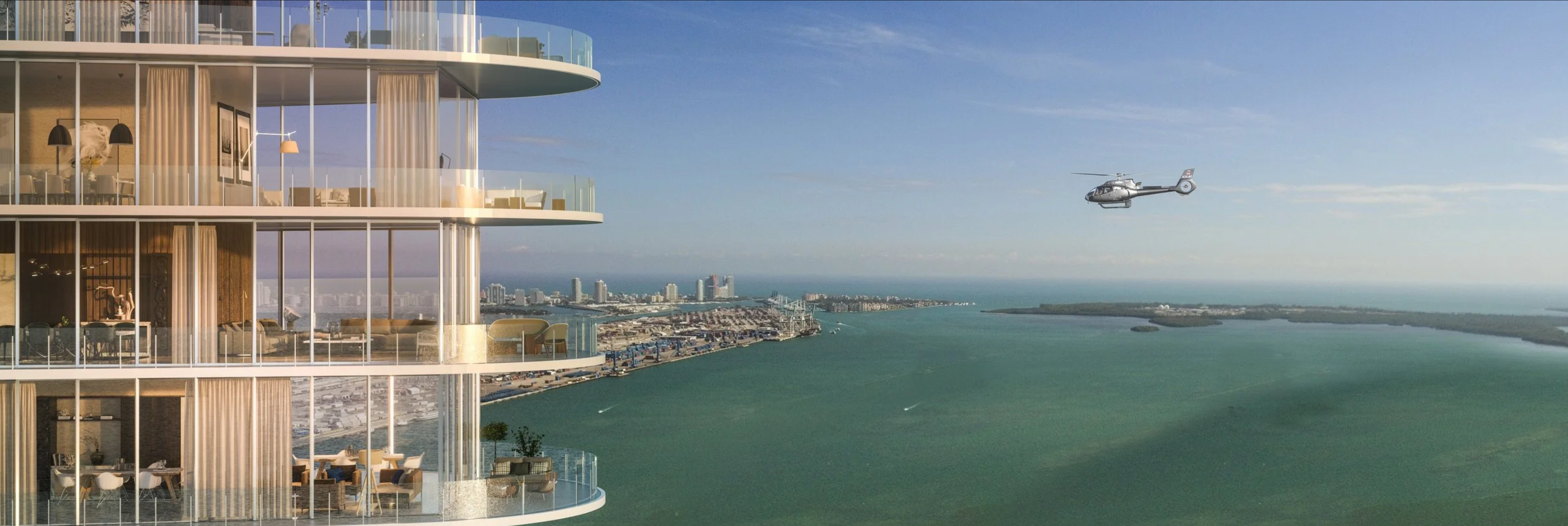 This aerial view showcases a luxury high-rise condominium with curved balconies and floor-to-ceiling windows overlooking a vibrant cityscape and ocean. The presence of a helicopter adds to the exclusive atmosphere, suggesting upscale amenities and convenient transportation options. The scene conveys a sense of sophisticated coastal living and aspirational real estate.