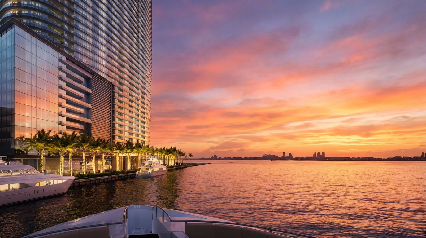 This image showcases the exterior side view of a modern high-rise residential building at sunset. The building's glass facade reflects the colorful sky, palm trees line the waterfront, and luxury yachts are docked along the pier. The scene exudes a sense of upscale living and prime waterfront location.