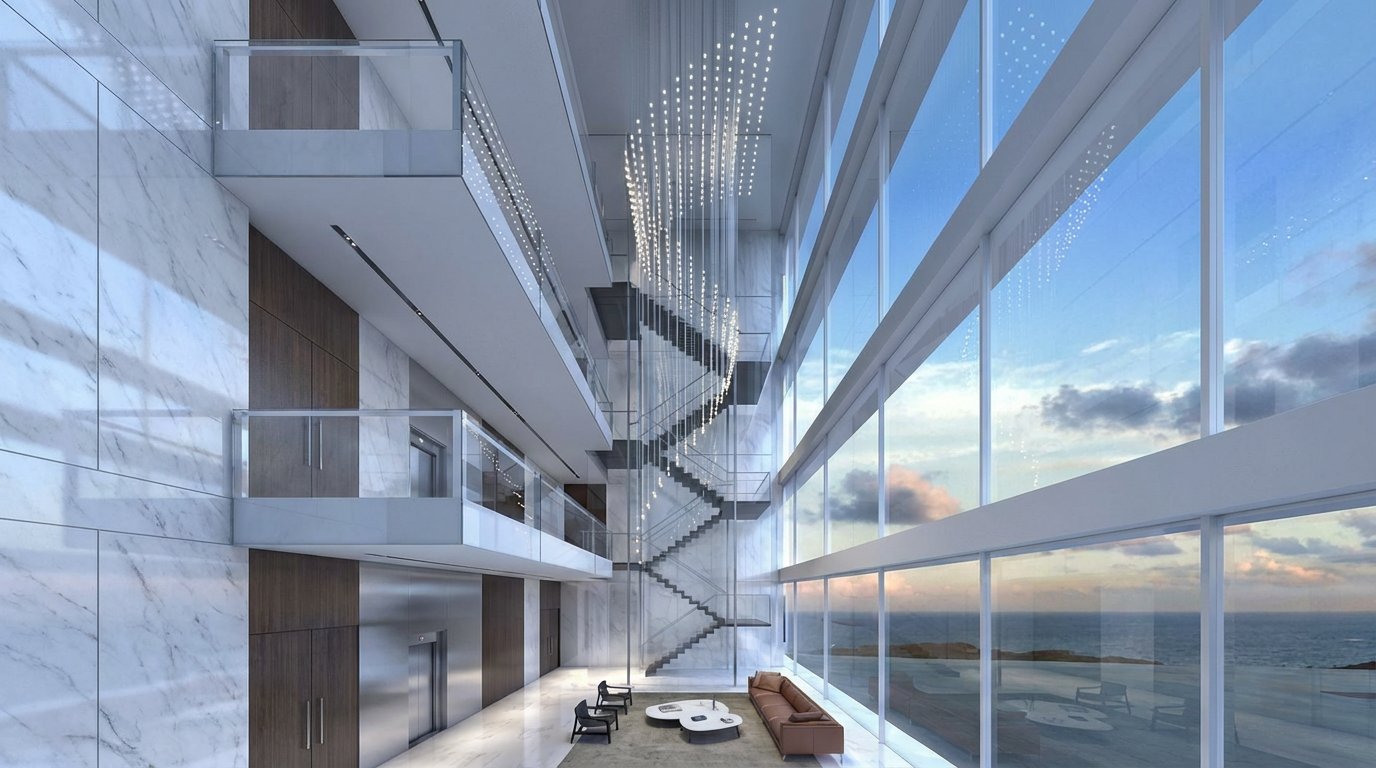 The image showcases the interior of a modern, high-end building. A striking open staircase ascends through multiple floors, accented by a decorative lighting installation. The atrium-like space features floor-to-ceiling windows offering picturesque views, complemented by elegant marble walls and contemporary furnishings in a seating area.