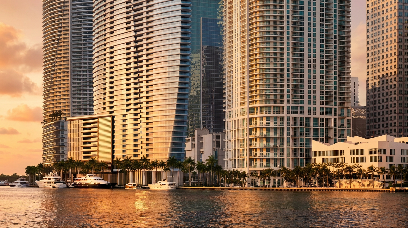 This image showcases a waterfront view of modern high-rise buildings at sunset. The buildings feature glass and concrete construction with a contemporary architectural style. Several yachts are docked along the waterfront, adding to the luxurious ambiance of the property.