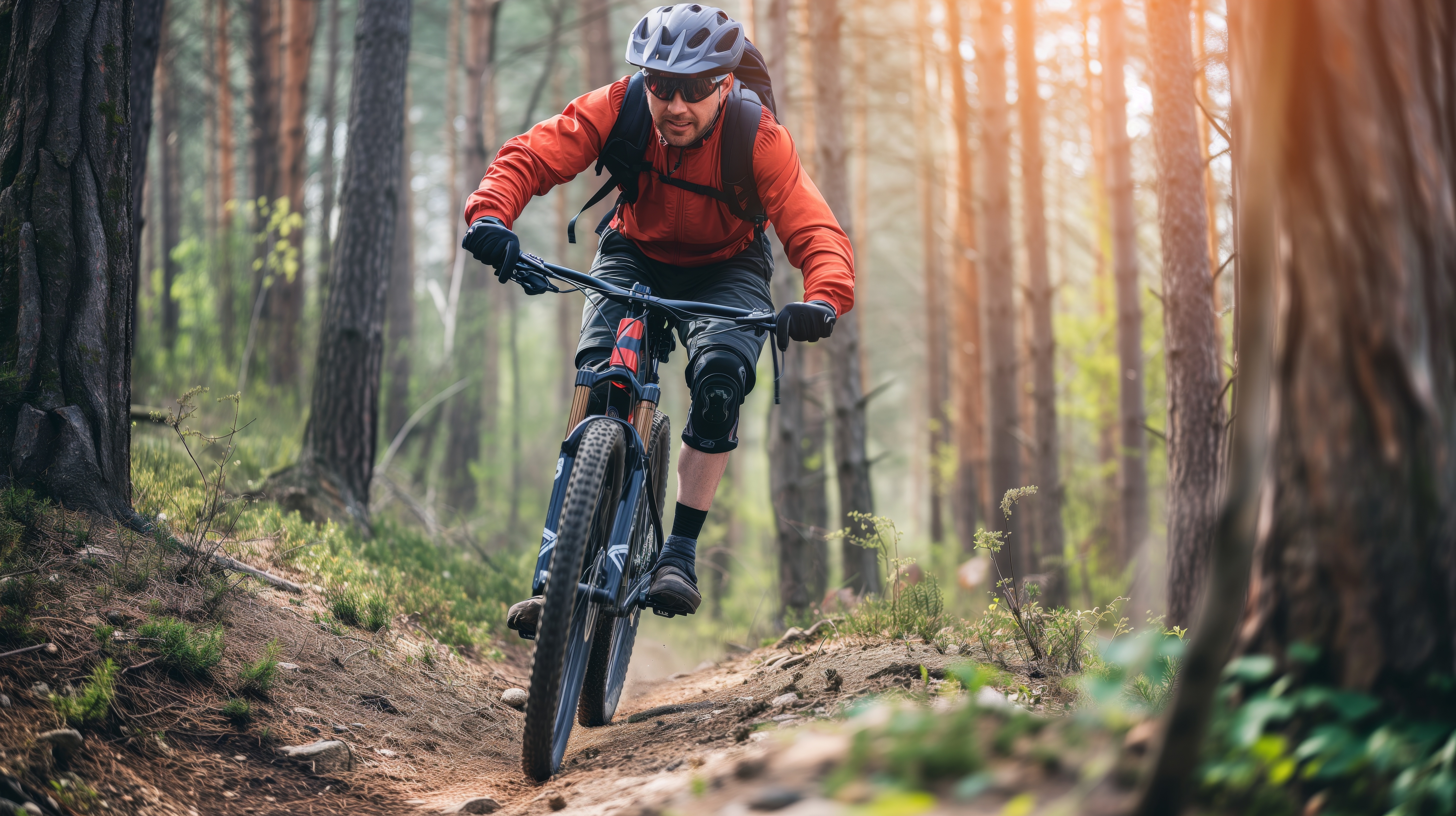 The image captures an active outdoor lifestyle which is important for real estate in that area or of that style. A man is riding a mountain bike through a forest trail, suggesting access to nature and recreational opportunities. This image could be used to highlight the benefits of living in a location with outdoor amenities.