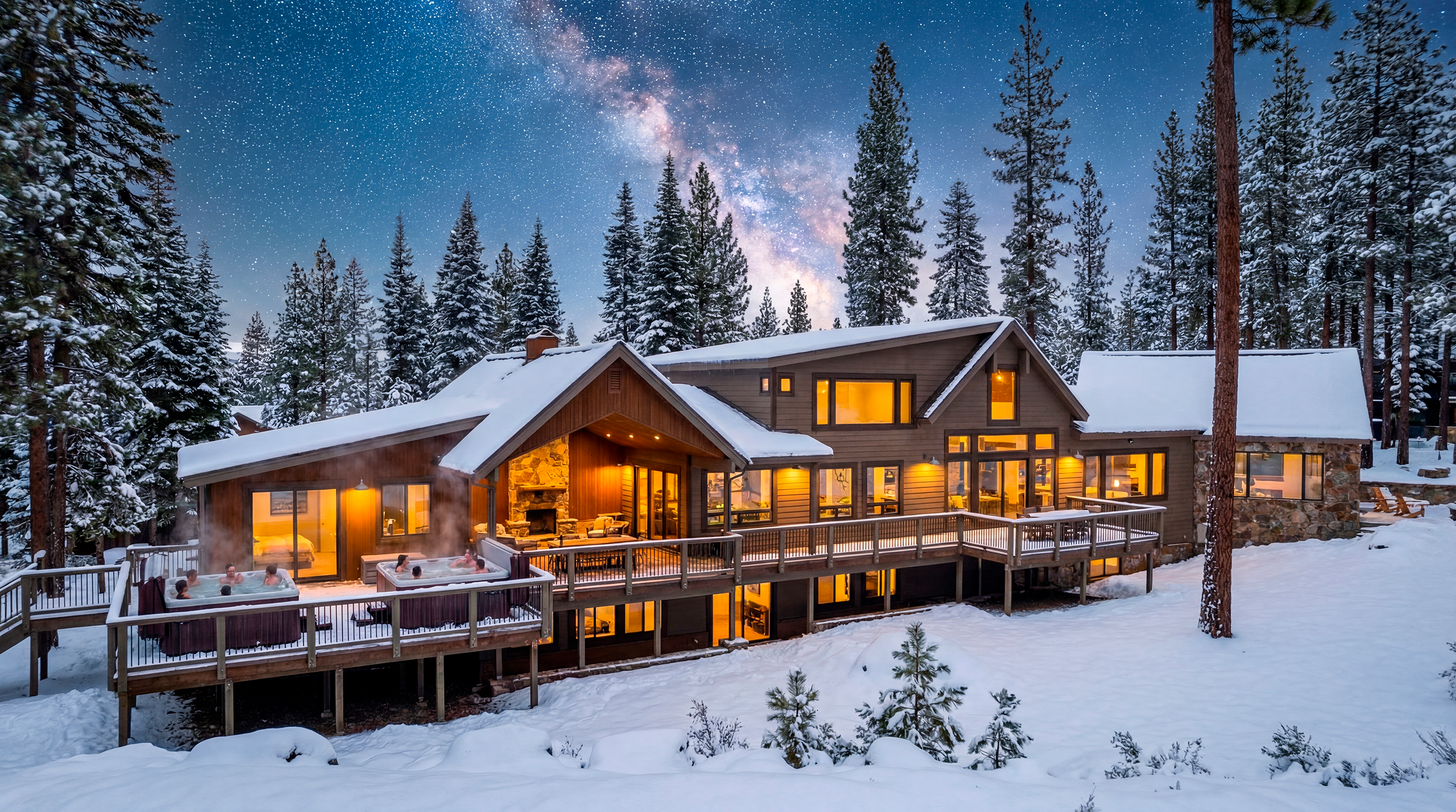 The image showcases the rear exterior of a luxurious mountain home at night, highlighting its extensive deck with hot tubs and outdoor seating. Warm interior lighting spills from large windows, creating an inviting ambiance against the backdrop of snow-covered ground and surrounding pine trees. A stunning view of the milky way sky adds to the property's unique appeal.