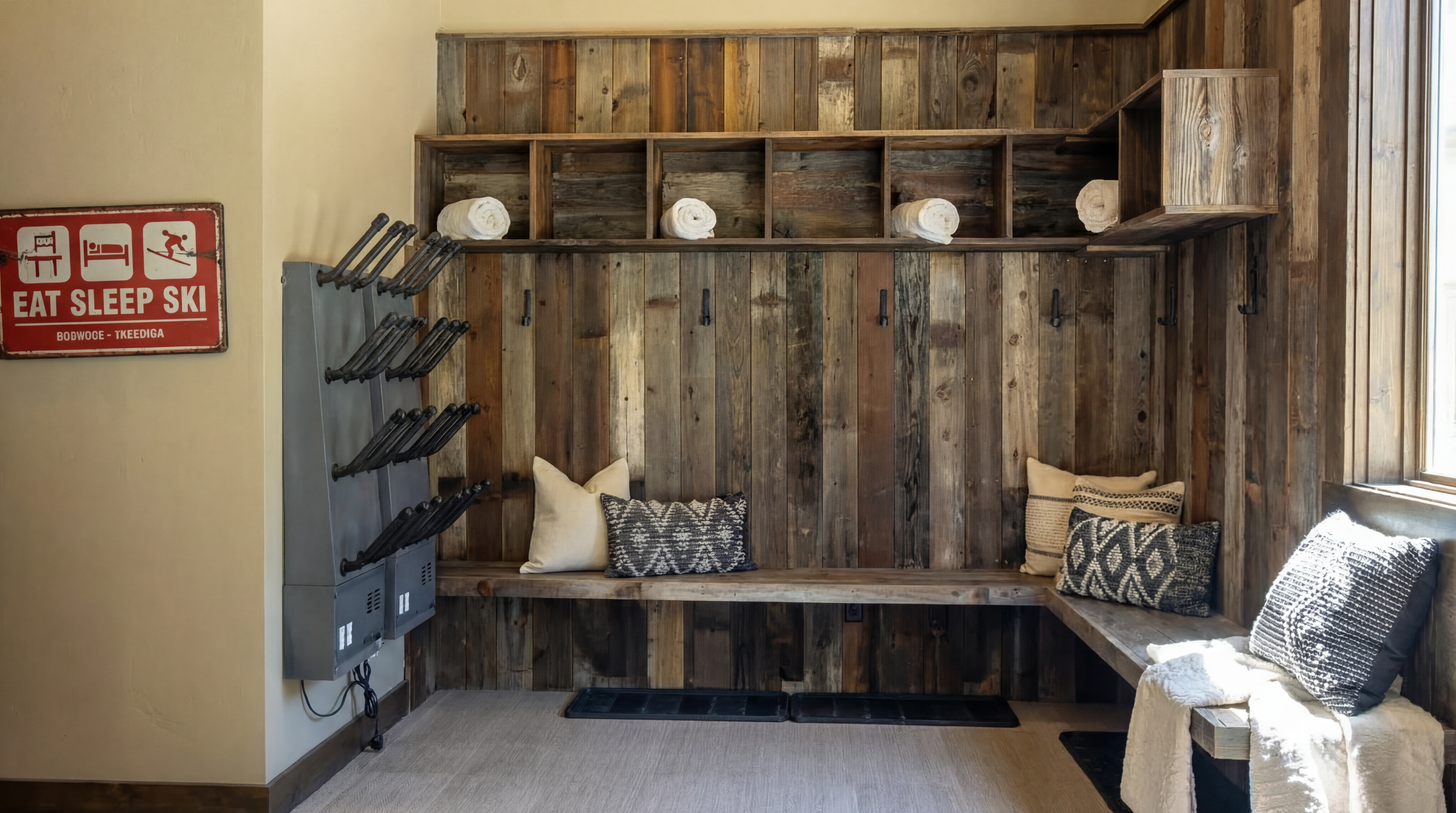 This image showcases a well-organized laundry or mud room with a rustic aesthetic. The space features built-in wooden shelving and seating, complete with decorative pillows and neatly rolled towels. A boot drying rack is mounted on the wall, complemented by an 'Eat Sleep Ski' sign, creating a functional and stylish area for outerwear storage.