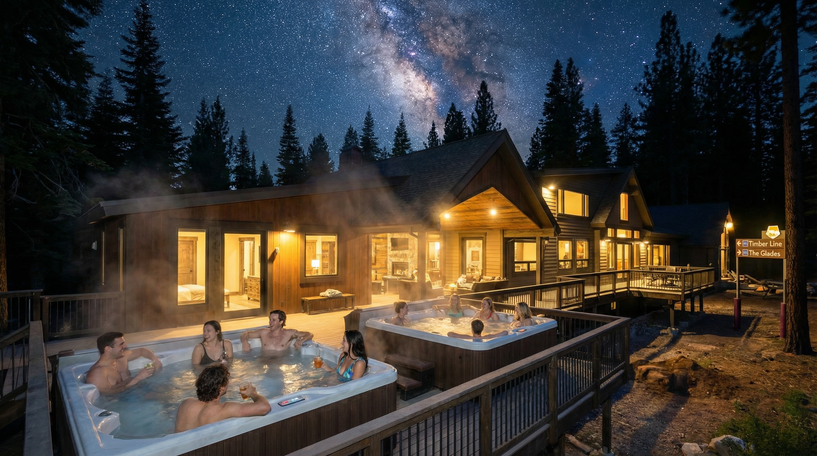 This image showcases the exterior of a luxury cabin at night, focusing on two hot tubs occupied by people. The warm lighting from the cabin creates a welcoming ambiance, enhanced by the surrounding pine trees under a starry sky. It suggests a relaxing and upscale vacation experience.
