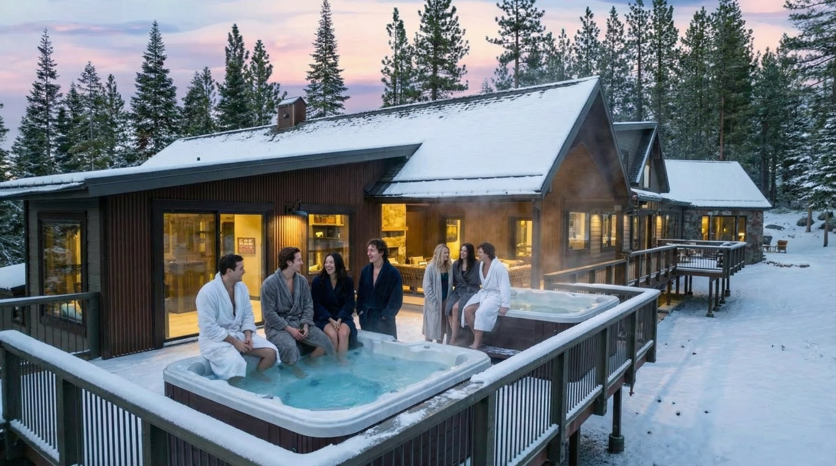 This photo showcases a large deck with multiple hot tubs in a snowy, wooded setting. The deck is part of a cabin-style home with wood siding and a snow-covered roof, creating a cozy and luxurious atmosphere. The outdoor space is well-suited for relaxation and entertaining while enjoying the surrounding natural beauty.