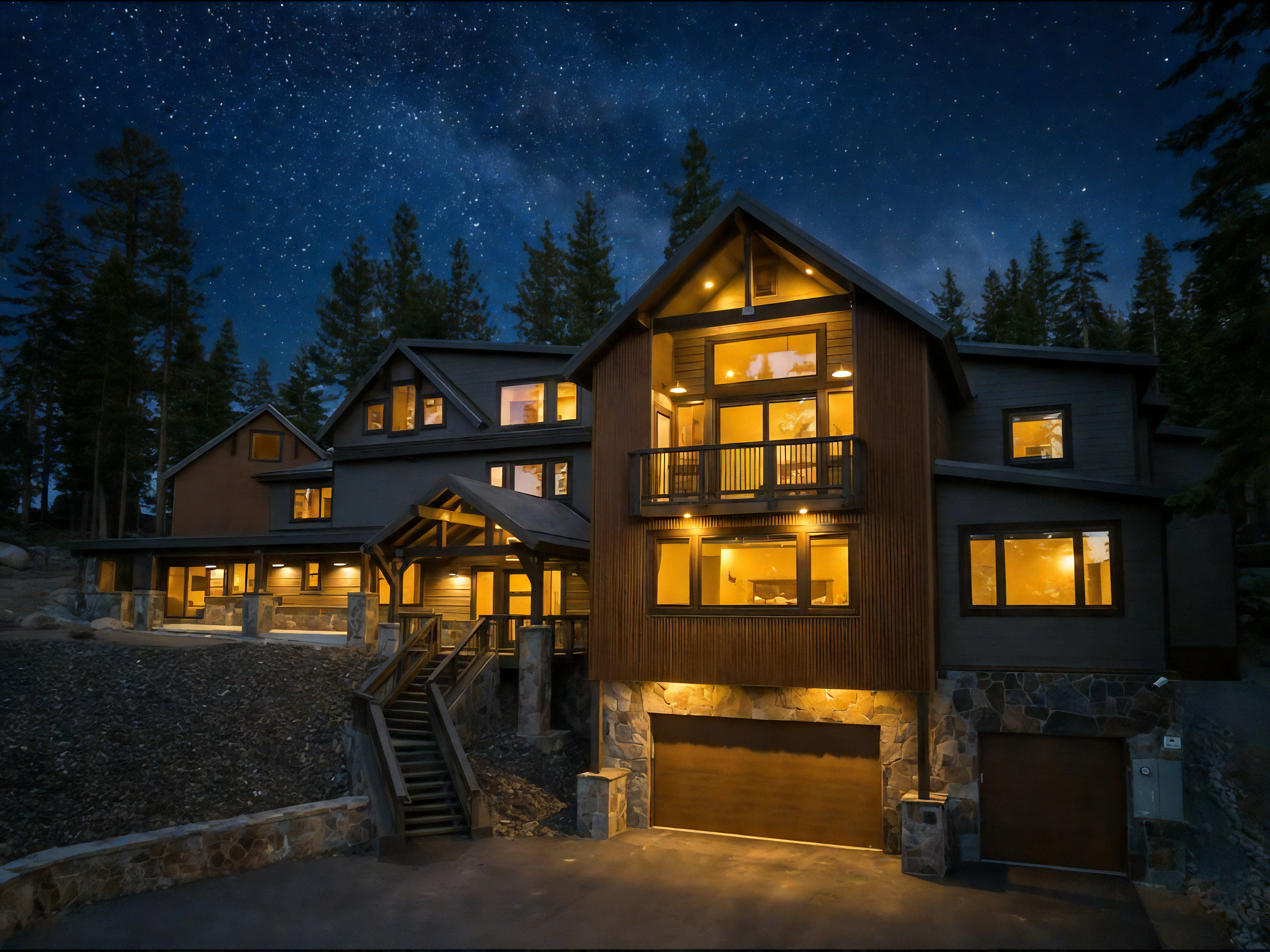 This image showcases the front exterior of a multi-story modern mountain home at night. It features a combination of stone and wood siding, with warm interior lighting visible through the windows, creating an inviting atmosphere. A driveway leads up to the garage doors, and the home is surrounded by tall trees.