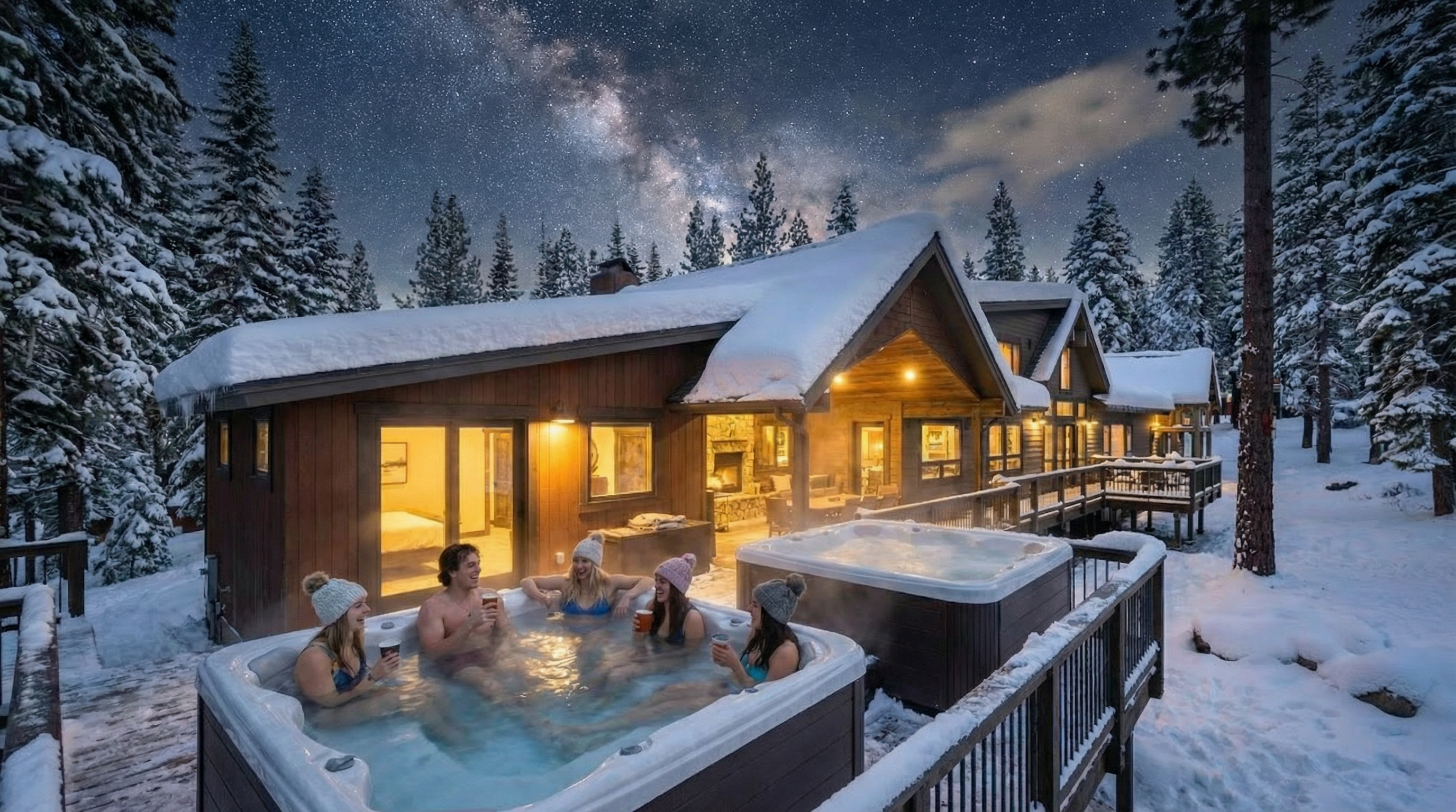 This image showcases an inviting outdoor spa area at a cabin-style home during winter. A group of people are enjoying a hot tub on a deck surrounded by snow-covered trees. The house features warm lighting visible through the windows, creating a cozy atmosphere, and the night sky is adorned with stars.
