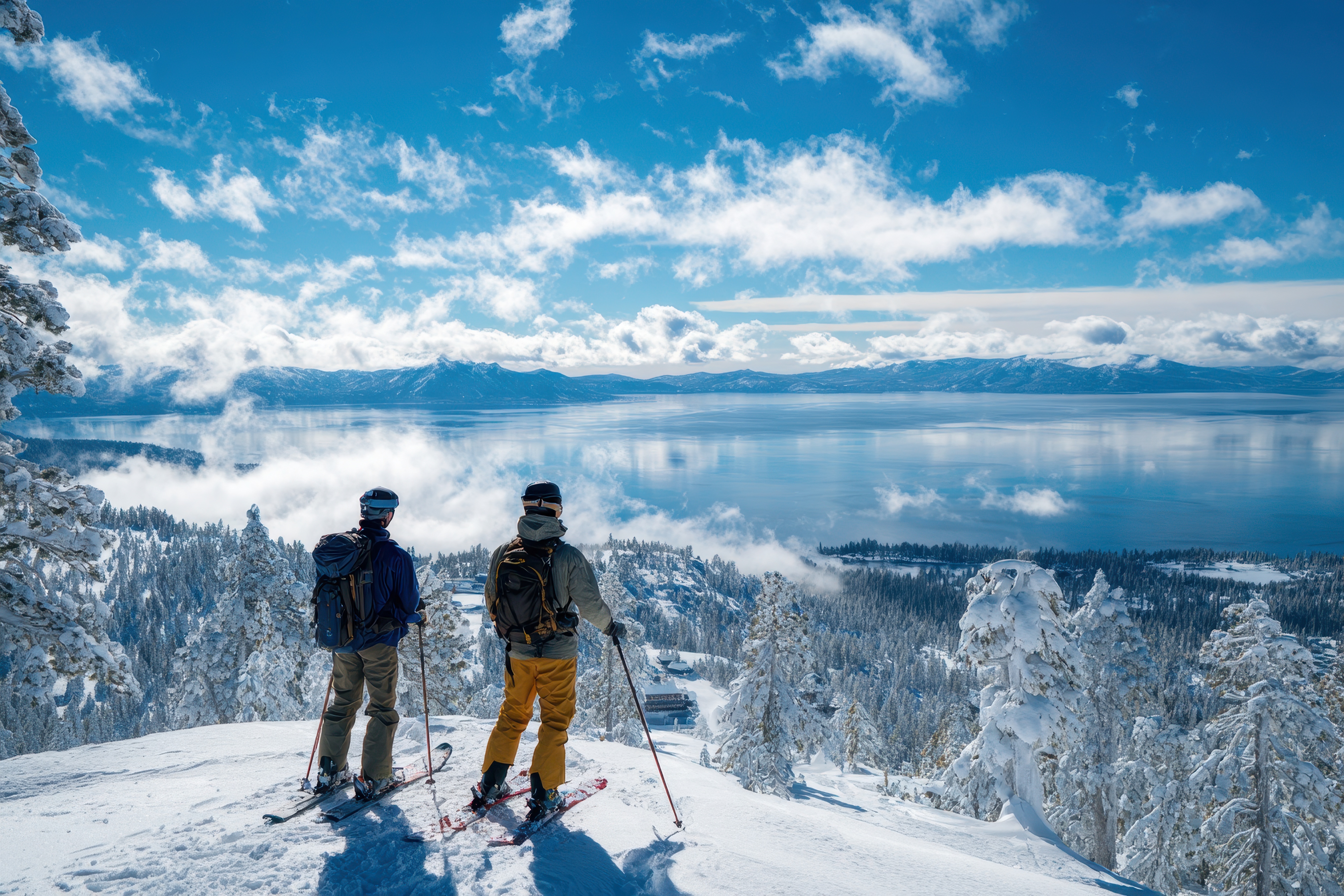Two figures stand on a snowy peak overlooking a serene lake surrounded by mountains, under a partly cloudy, bright blue sky. The foreground features snow-covered trees, adding depth to the expansive view. While not directly showcasing the property, it highlights the desirable location and potential for outdoor recreation.