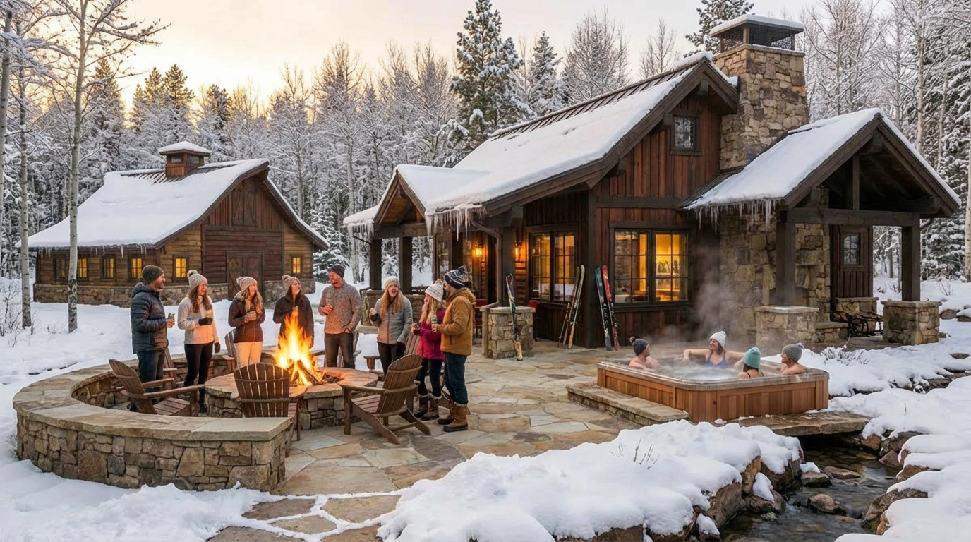 This image showcases the rear exterior of a luxurious cabin-style home in a snowy landscape. A group of people gather around a fire pit, while others relax in a built-in hot tub with steam rising. The scene promotes a cozy and inviting atmosphere, perfect for a winter retreat.